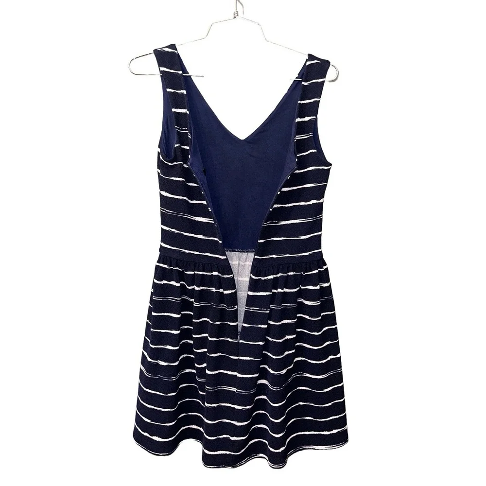 AQUA Navy Blue White Striped Sleeveless V-Neck Fit and Flare Mini‎ Dress Size S